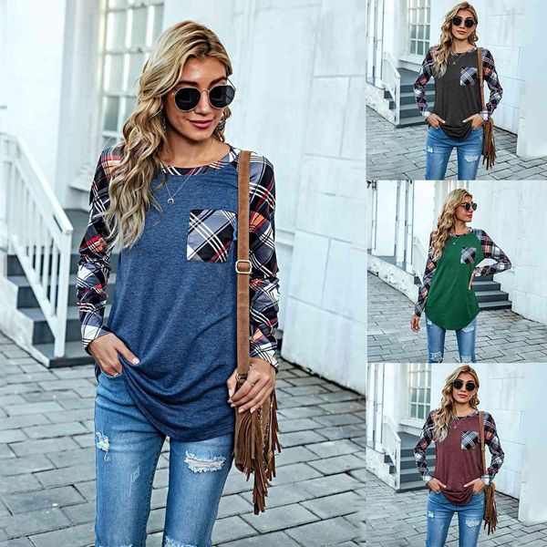 

autumn / winter 2021 new plaid print casual loose crew neck t-shirt, White