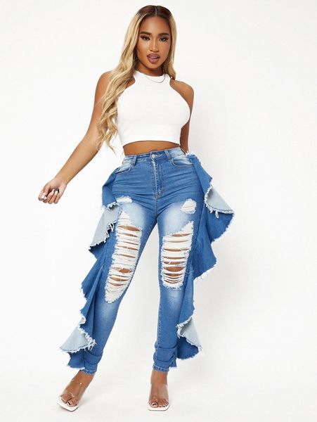 

sxy ruffle trim ripped detail skinny jeans i2f3#, Blue