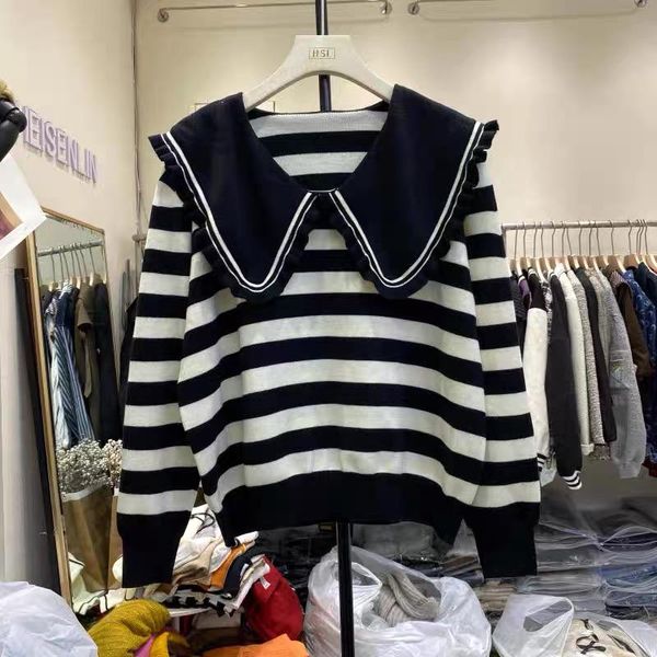 

women's sweaters sailor collar striped knitwear pullovers women 2021 autumn chic patchwork fashion elegant casual jumpers, White;black