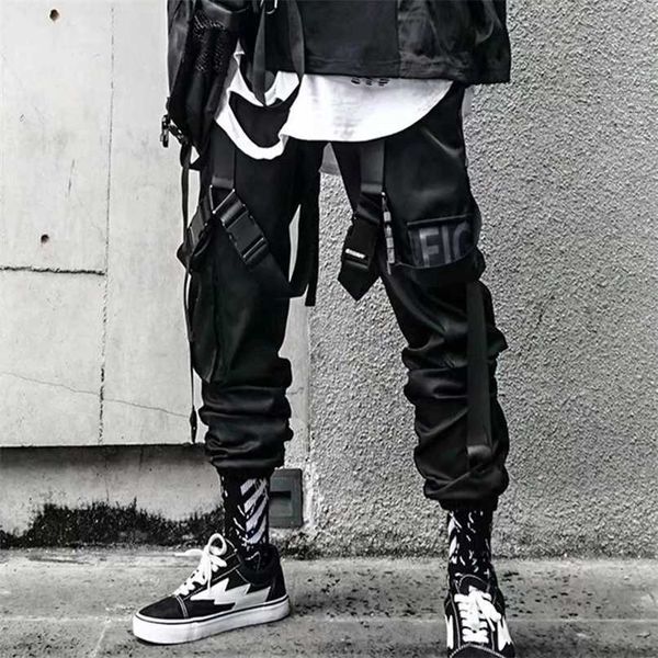

joggers cargo pants for men casual hip hop hit color pocket male trousers sweatpants streetwear ribbons techwear pants 211006, Black