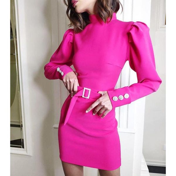 

casual dresses button sleeve mini women dress with belt long slim fit bodycon party elegant office work wear solid vestidos mujer, Black;gray