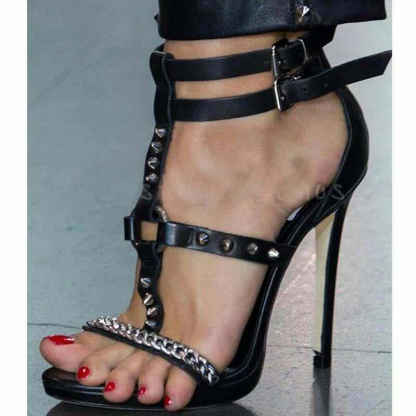

boots fashion chain rivet simple high heel sandals show women summer, Black