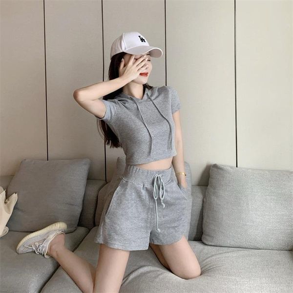 

women's tracksuits summer two piece set women 2021 shorts sets oversized hoodies and high waist sport mujer q248, Gray