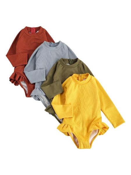 

summer solid kids girls swimwear long sleeve back zipper ribbed jumpsuit clothes one-pieces, Black