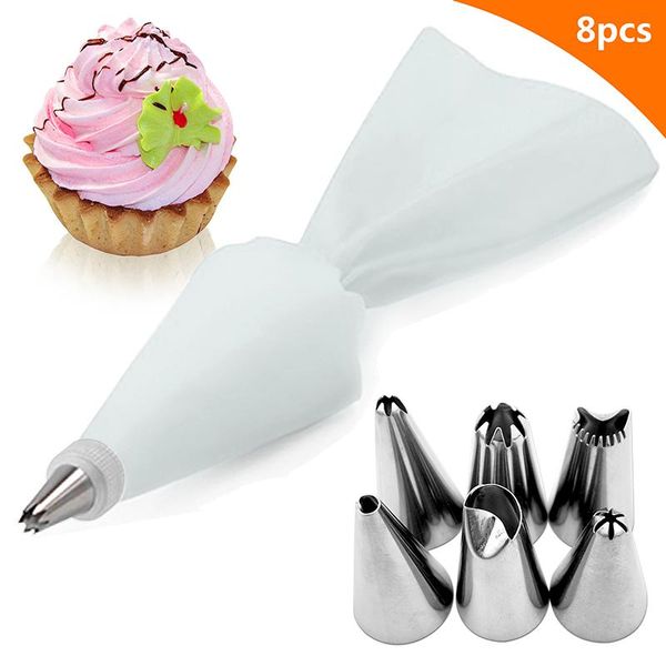 

8pcs/bag silicone icing piping cream pastry bag + 6 stainless steel cake nozzle diy decorating tips fondant tools baking &