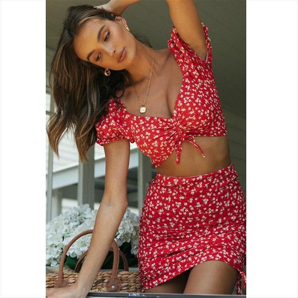 

two piece sets summer women tracksuits boho floral skirts short sleeve v neck crop and mini skirt harajuku, Gray