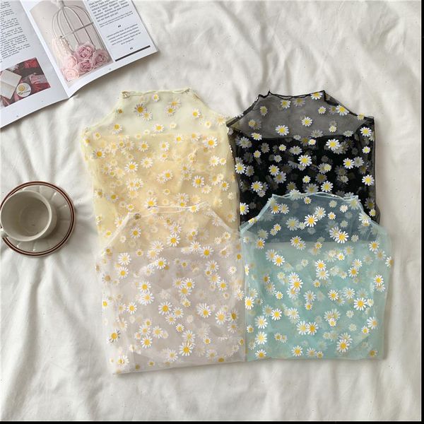 

summer autumn casual mesh pattern womens shirt daisy flower printed girls shirts see through for female, White