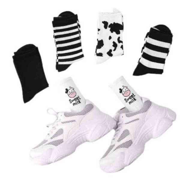 

children's women's striped socks, casual sportswear, cartoon, breathable, harajuku style, cow embossing, Black;white