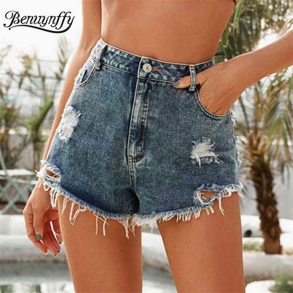 

fashion button fly ripped denim shorts women vintage pocket high waist female straight summer clothes 210510, White;black