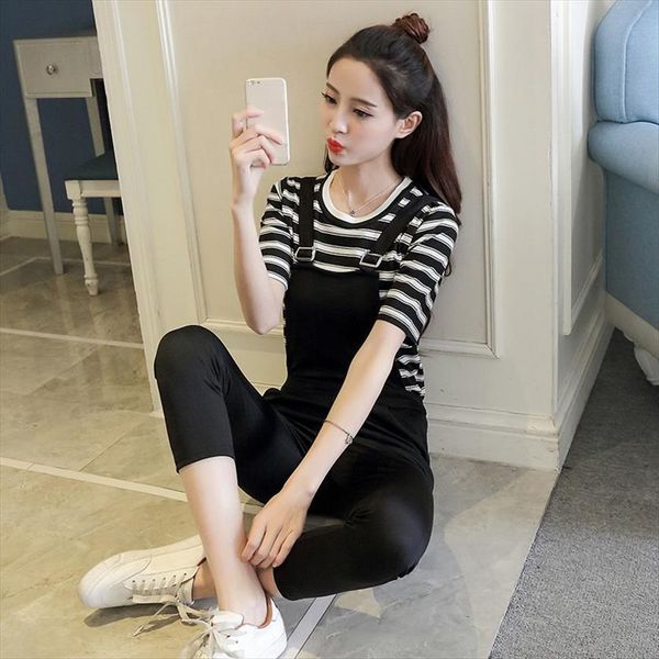

two piece set striped womens pants short sleeve tees cropped style, White