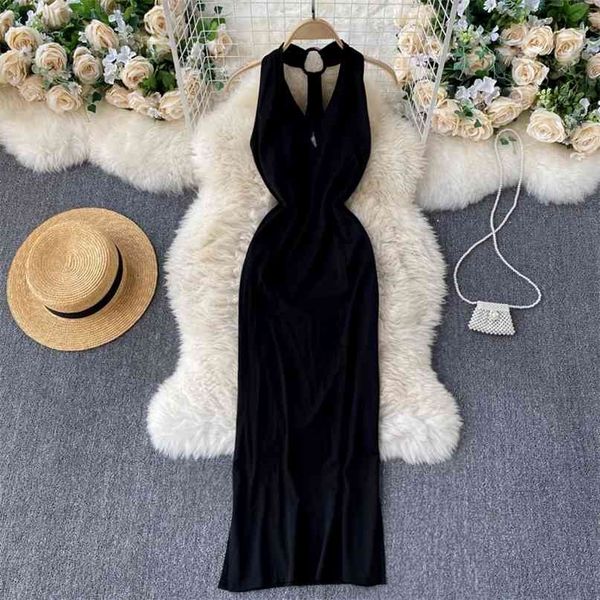 

summer women maxi dress black deep v-neck sleeveless open back prom party long side split cocktail club vestidos 210603, Black;gray
