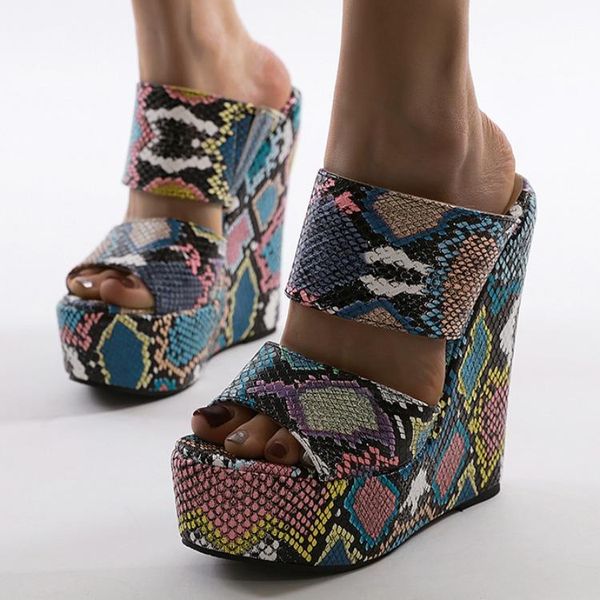 

big size multicolored sandals low snakeskin high-heeled shoes lady on a wedge ladies' slippers platform slipers women 2021, Black