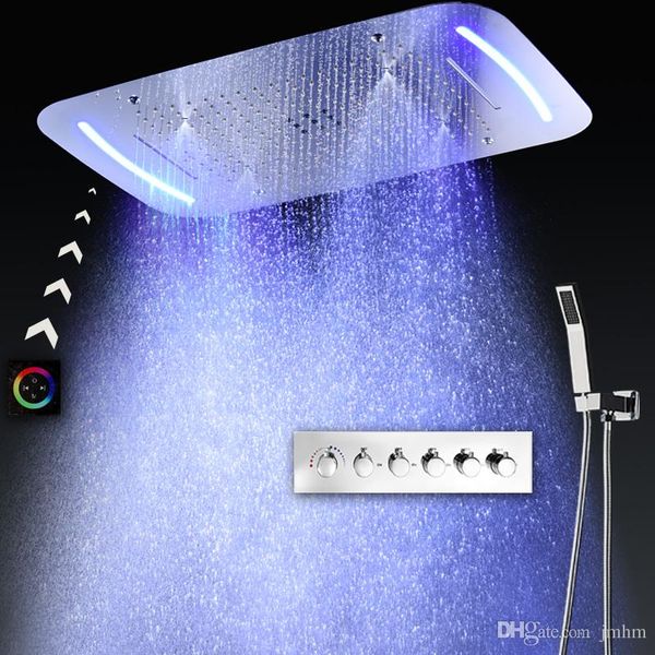 Rubinetti doccia multifunzione di lusso Soffitto a scomparsa Cascata Pioggia Nebbia set doccia con telecomando Miscelatore termostatico a colori LED 710x430mm