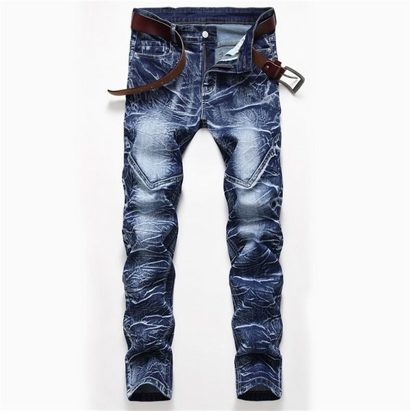 

snow washed patchwork men's straight elastic jeans plus size vintage patch slim denim jeans long white cotton men jean trousers 211120, Blue