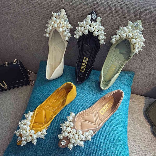 

dress shoes fairy pearl crystal pointed toe ballet flats women shallow ballerina slip on beads comfy moccasins mujer pisos go3p, Black