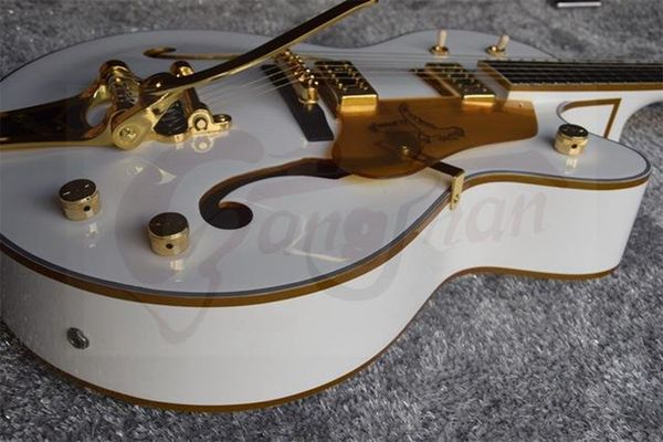 6120 White Falcon Hollow Body Jazz Chitarra elettrica Manopole Real G, Accordatori imperiali, Rilegatura corpo scintillante oro, Doppio foro F, Bigs Tremolo