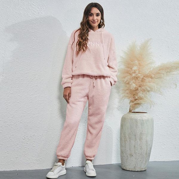 

women's two piece pants 2021 winter fluffy warm sets womens oversized thick hoodie and set casual kawaii plush suit clothing, White