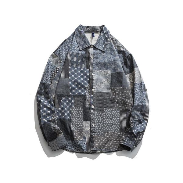 

japan style vintage print shirt for men long sleeve fashion casual loose shirts autumn turn-down collar pure clothing y3121 men's, White;black