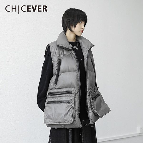 

women's vests chicever gray cotton vest for women stand collar sleeveless patchwork pockets zippers designer oversized thick female 202, Black;white