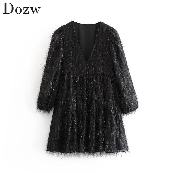

women mini long sleeve v neck solid tassel party casual loose pleated short stylish female christmas dress 210414, Black;gray