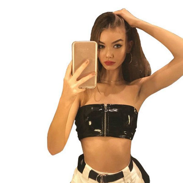 

women crop tee shirt club faux leather off shoulder bra tank, Black;white