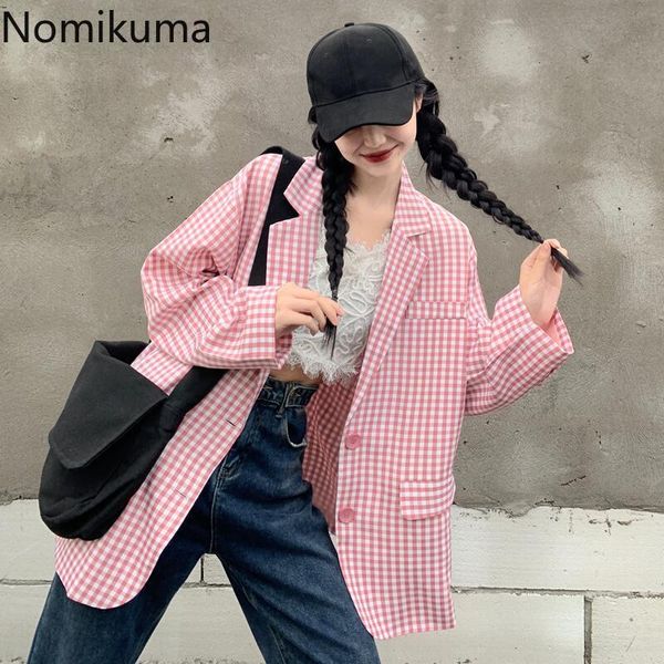 

nomikuma korean style plaid blazer women loose high street notched collar long sleeve suit jacket women ropa mujer 210514, White;black