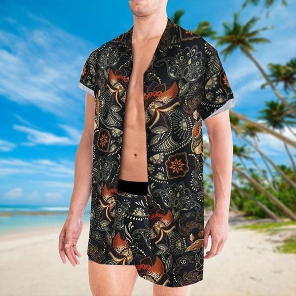 

summer beach fashion leopard men tracksuit print two piece sets short sleeve shirt and drawstring shorts casual male outfit, Gray