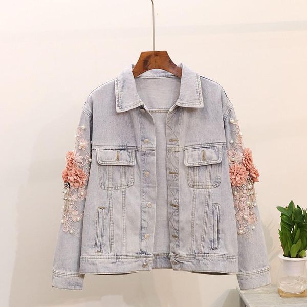 

women's jackets 2021 spring 3d floral embroidery sleeve denim jacket coat women casual loose outwear, Black;brown