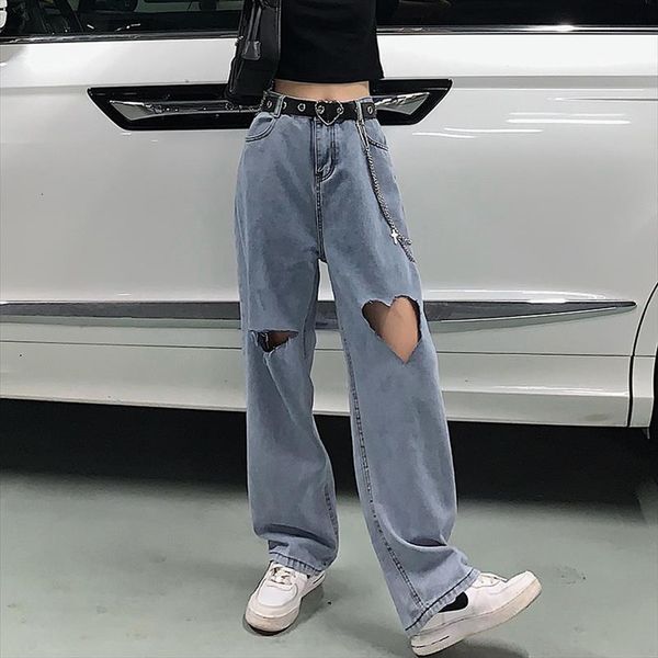 

ripped jeans y2k streetwear women capris vintage high waist wide leg harajuku girl trend straight baggy denim trouser, Black;white