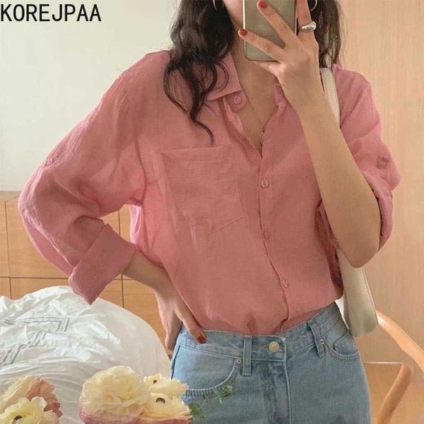 Korejpaa Camicia da donna Stile coreano Moda semplice Fibbia a una fila Allentata Casual Usura esterna Camicetta a maniche lunghe Top Girl Blusas 210526