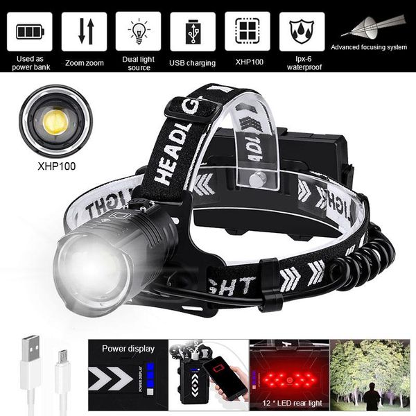 

headlamps high powerful 3 modes xhp90/ xhp100 zoomable led headlamp waterproof camping head lamp usb rechargeable headli