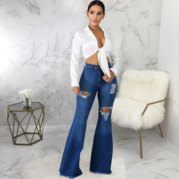 

women's jeans go out wear high waist slim denim trouser woman fashion hollow bell bottom casual female stretchy bodycon pants, Blue