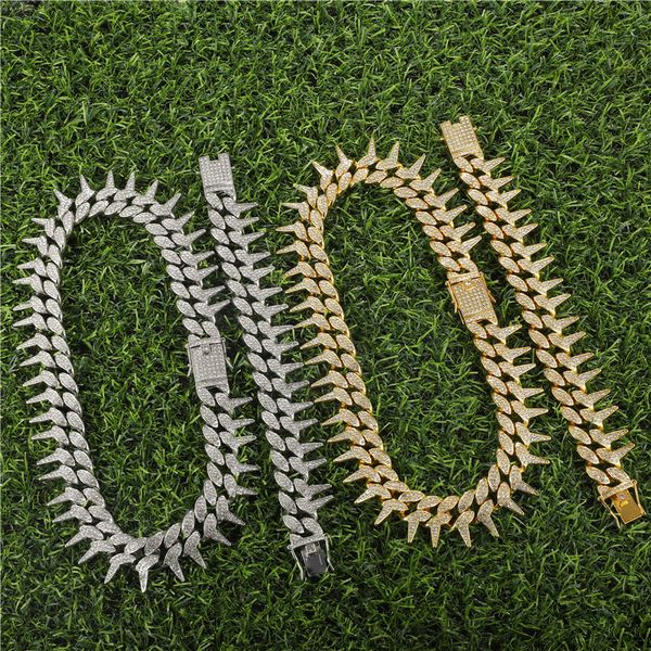 

hip hop 25mm bling heavy iced out cuban thorns link chain full aaa crystal pave men's bracelets necklace for men jewelry, Black