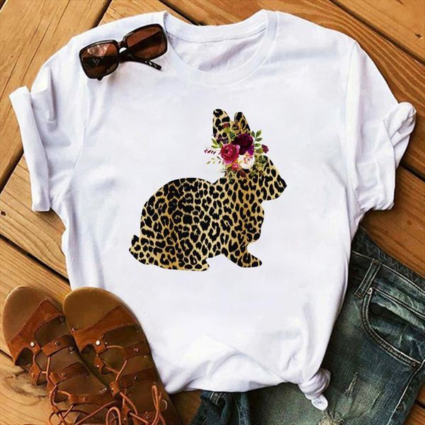 

cute rabbit leopard print womens t shirts cartoon animal printed short sleeve tees fashion casual round neck female, White