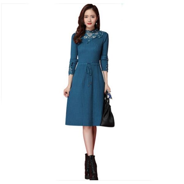 

casual dresses knit dress spring and autumn korean version of the half-high collar long-sleeved lace beaded long women's clothing, Black;gray