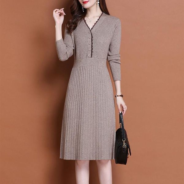 

knitted long sleeve womens dress women slim bodycon autumn korean elegant fall winter button v neck sweater midi pleated 130, Black;gray