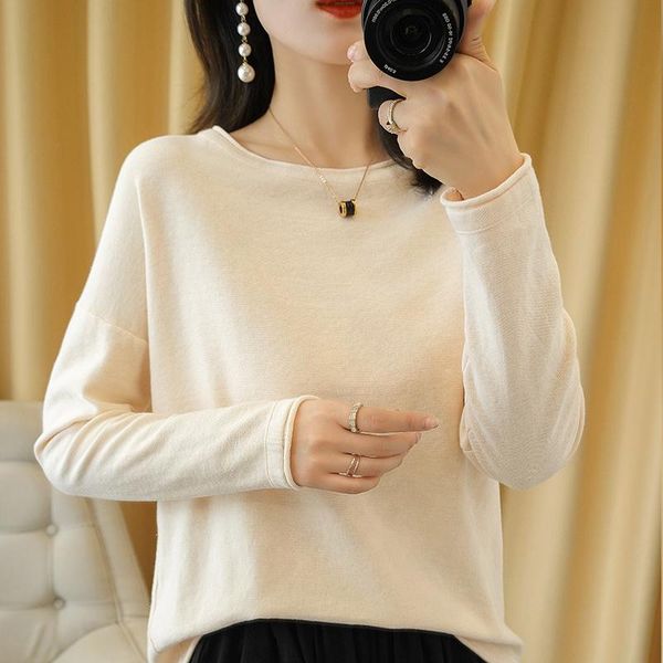 

women's sweaters spring autumn female knit cotton thread round collar edge loose big code base sweater shoulder clothing, White;black