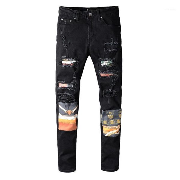 

men's mmale street fashion personality casual black patch hole beggar jeans young men stretch slim denim pants1, Blue