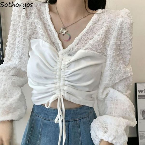 

women's blouses & shirts v-neck design women patchwork slim ins korean style crop leisure chic spring outwear pleated drawstring, White