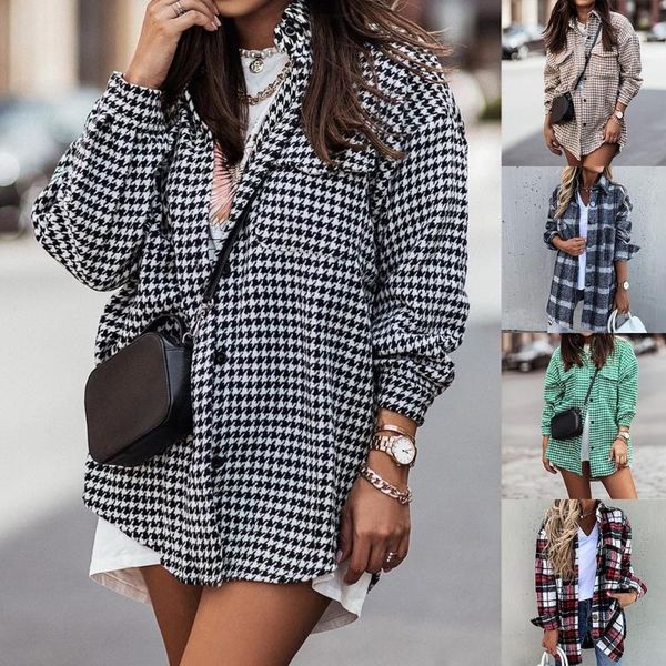 

women's jackets simplee autumn gingham square office ladies shirts lapel collar pocket women loose full regular sleeves female, Black;brown