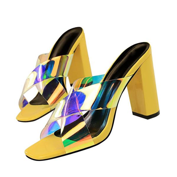 

slippers 2021 summer women 9.5cm high heels mules yellow slides open toe block thick slipper sandals luxury designer white shoes, Black