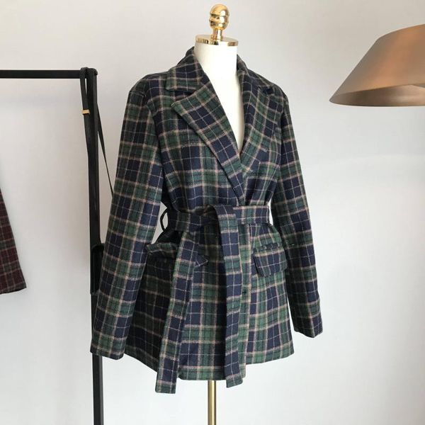 

women's wool & blends fashion plaid coat autumn woolen with belt women winter clothing female casual jacket, Black