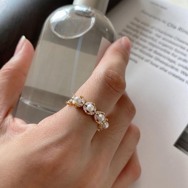 

cluster rings pearl zircon flower ring ins cold talk style fashion wild niche opening 925 sterling silver for women engagement, Golden;silver