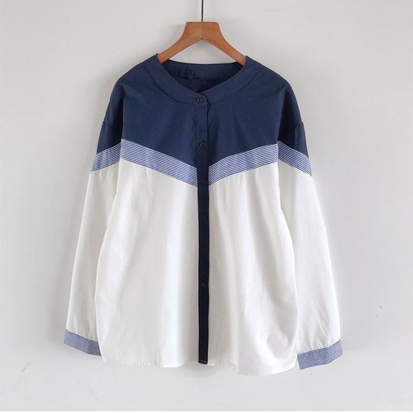 

women's blouses & shirts fashion design patchwork cotton women summer vintage 2021 o-neck long-sleeved striped loose female outwear, White