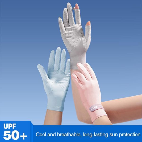 

summer women sun protection gloves fashion candy color non-slip breathable thin silk cycling fishing driving five fingers, Blue;gray