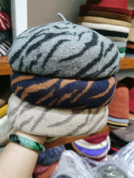 

berets 202109-axbl-0046 fashion zebra stripes thickened wool leisure street beret hat men women painter, Blue;gray