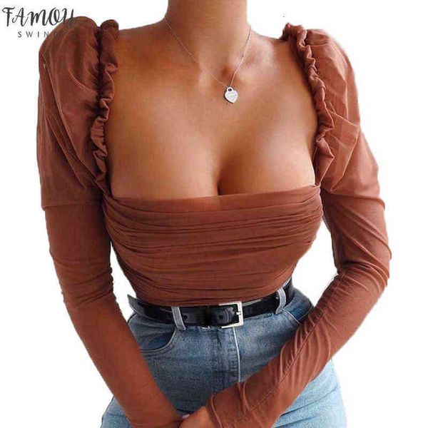 

fashion women lace shirt casual transparent solid square neck mesh patchwork elegant office puff sleeve ruched blouse, White