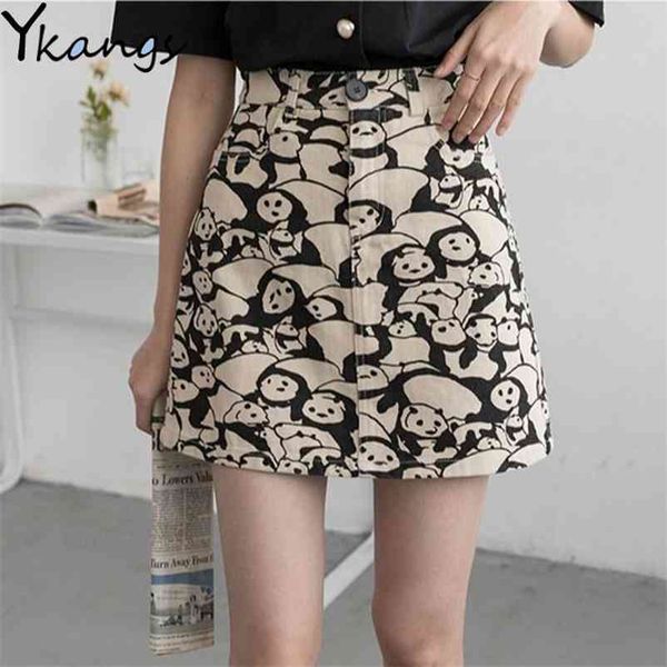 

harajuku high waist a-line panda print mini skirt women vintage summer short korean student retro s streetwear 210421, Black