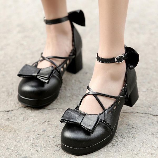 

dress shoes agodor block heel pumps buckle strap bow women high heels platform lolita vintage rockabilly woman pink big size, Black