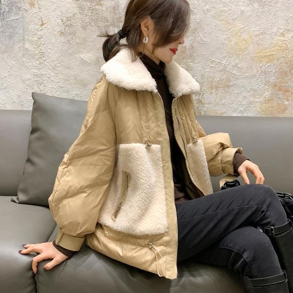 

women's down & parkas winter coats lamb wool stitching jacket woman warm parka white duck female jackets khaki korean coat m9o1, Black